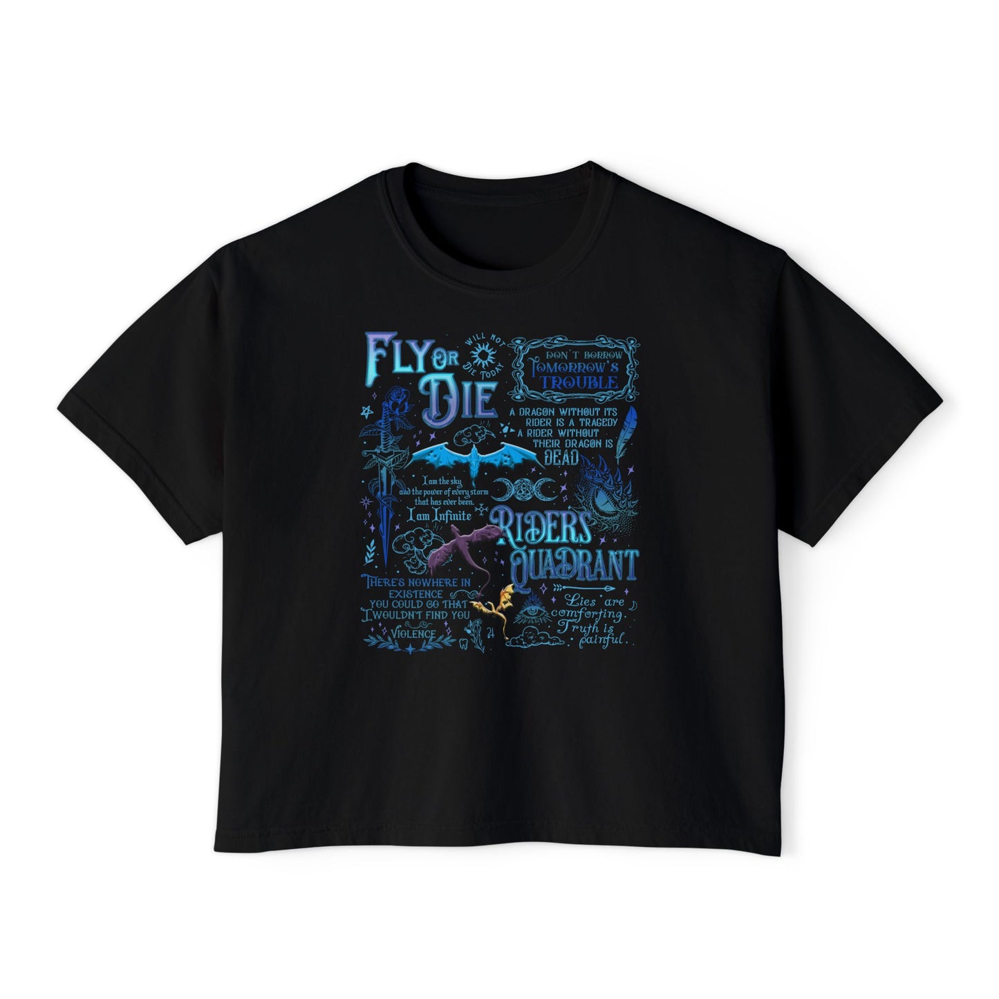 Fly or Die Riders Quadrant Boxy Tee — Fourth Wing Fandom Inspired Women's Cropped Graphic Tee