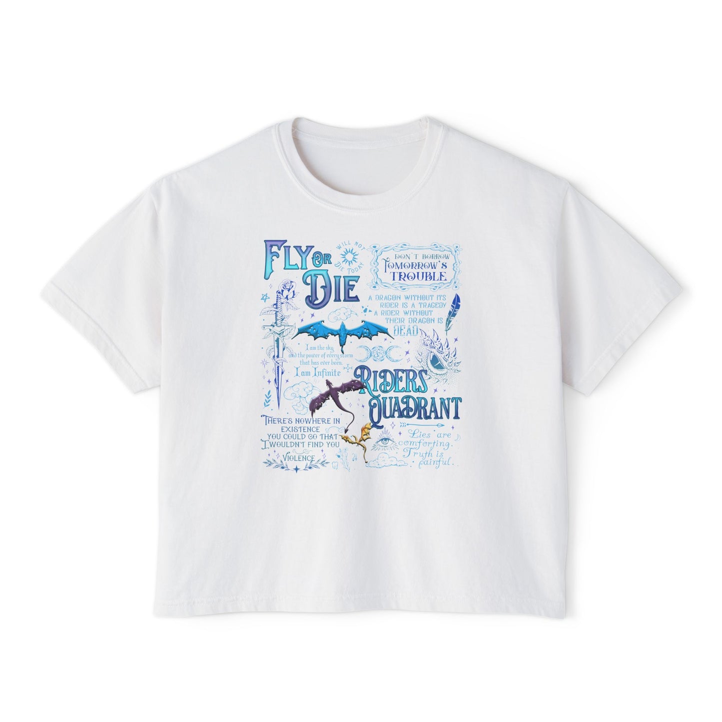 Fly or Die Riders Quadrant Boxy Tee — Fourth Wing Fandom Inspired Women's Cropped Graphic Tee